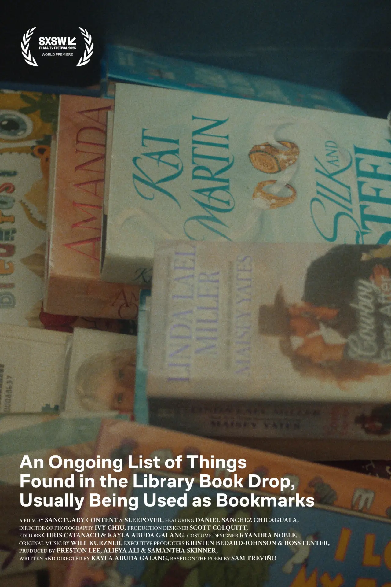 Movie poster "An Ongoing List of Things Found in the Library Book Drop, Usually Being Used as Bookmarks"