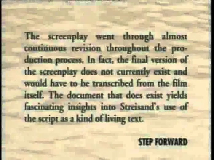 Video for the film The Prince of Tides — "The Prince of Tides" - EXTRA - Novel Adaptation, Barbra learns the Shag (!) and Screenplay Pages