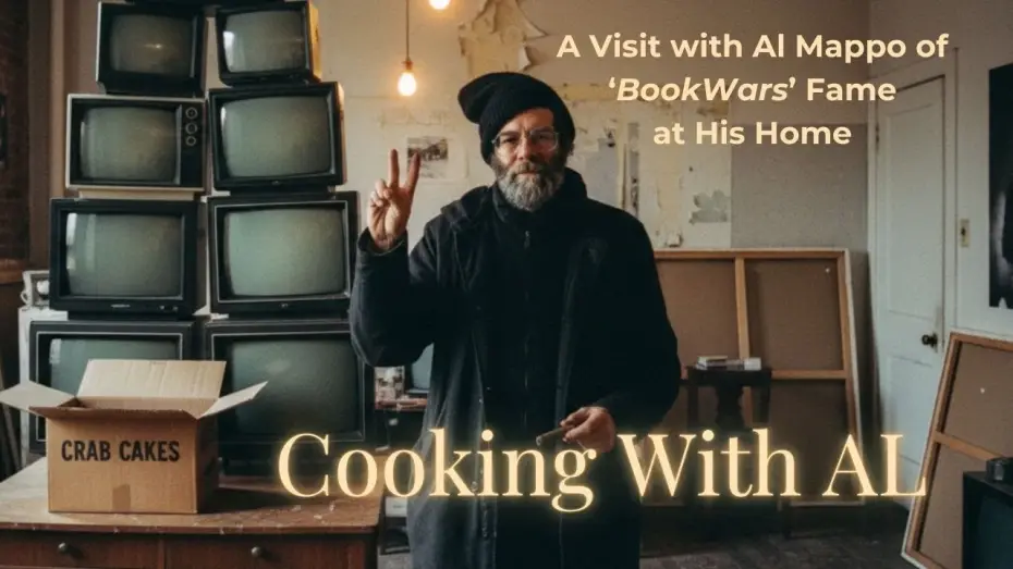 Video for the film BookWars — 'Cooking with Al' - 1990's NYC Street Bookseller Al Mappo's Manhattan SRO Studio: Crab Cakes & TVs!