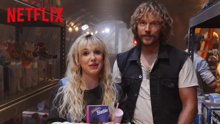 Video for the film The Electric State — Millie Bobby Brown and Chris Pratt Tour The Electric State Set