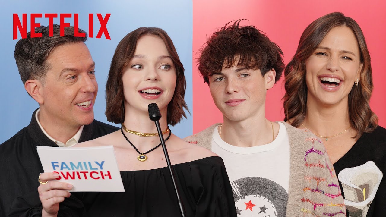 Video for the film Family Switch — Emma Myers, Brady Noon, Jennifer Garner, and Ed Helms Face Off for Trivia