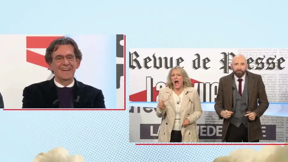 Video for the series La revue de presse — Giroud et Stotz : "Je suis garde du corps de Mimie Mathy, je travaille à mi-mi-temps..."